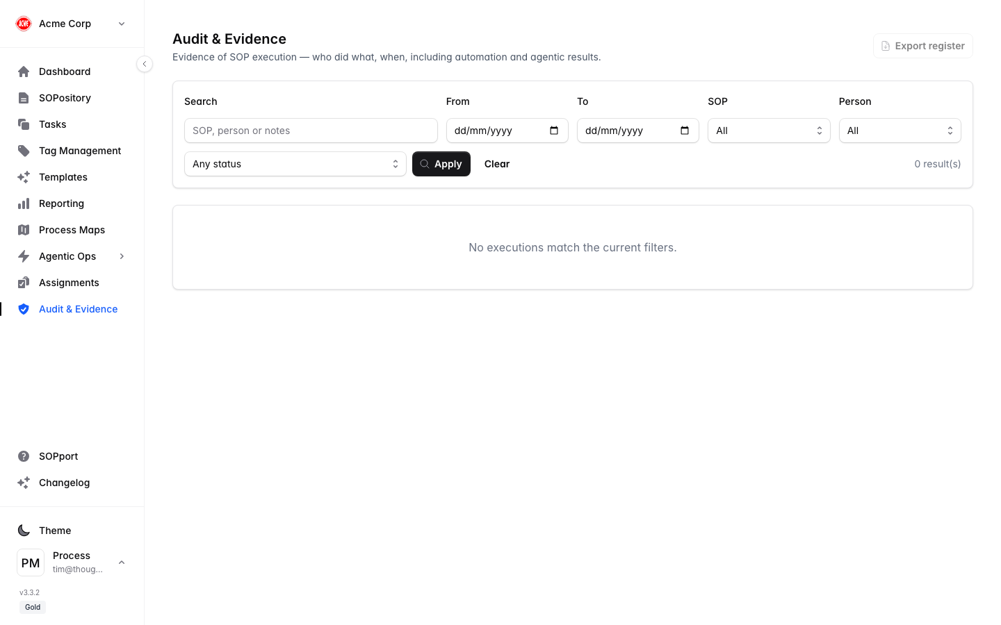 Audit and evidence dashboard