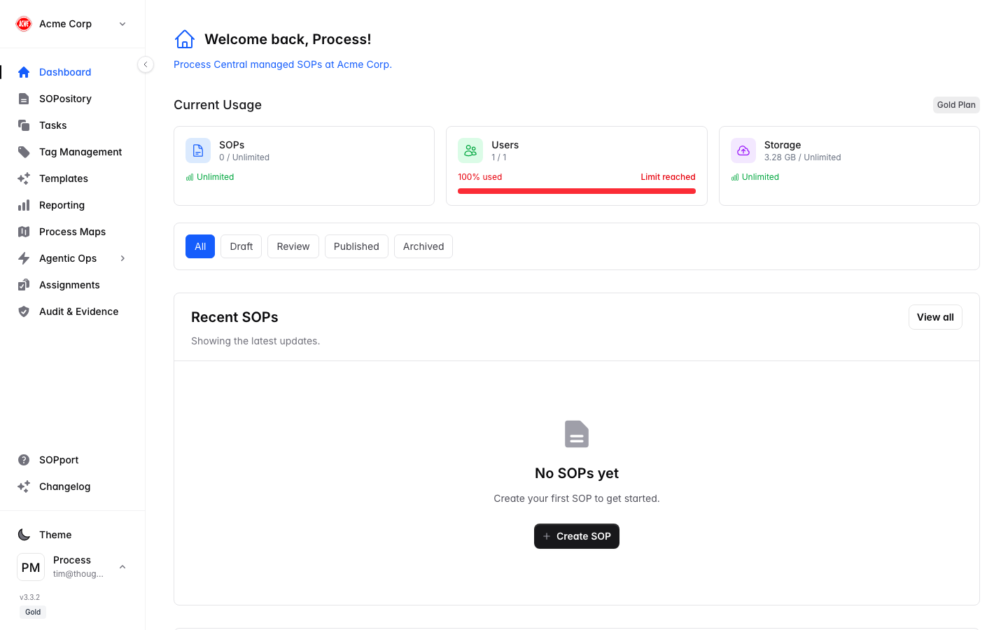 Process Central navigation and dashboard